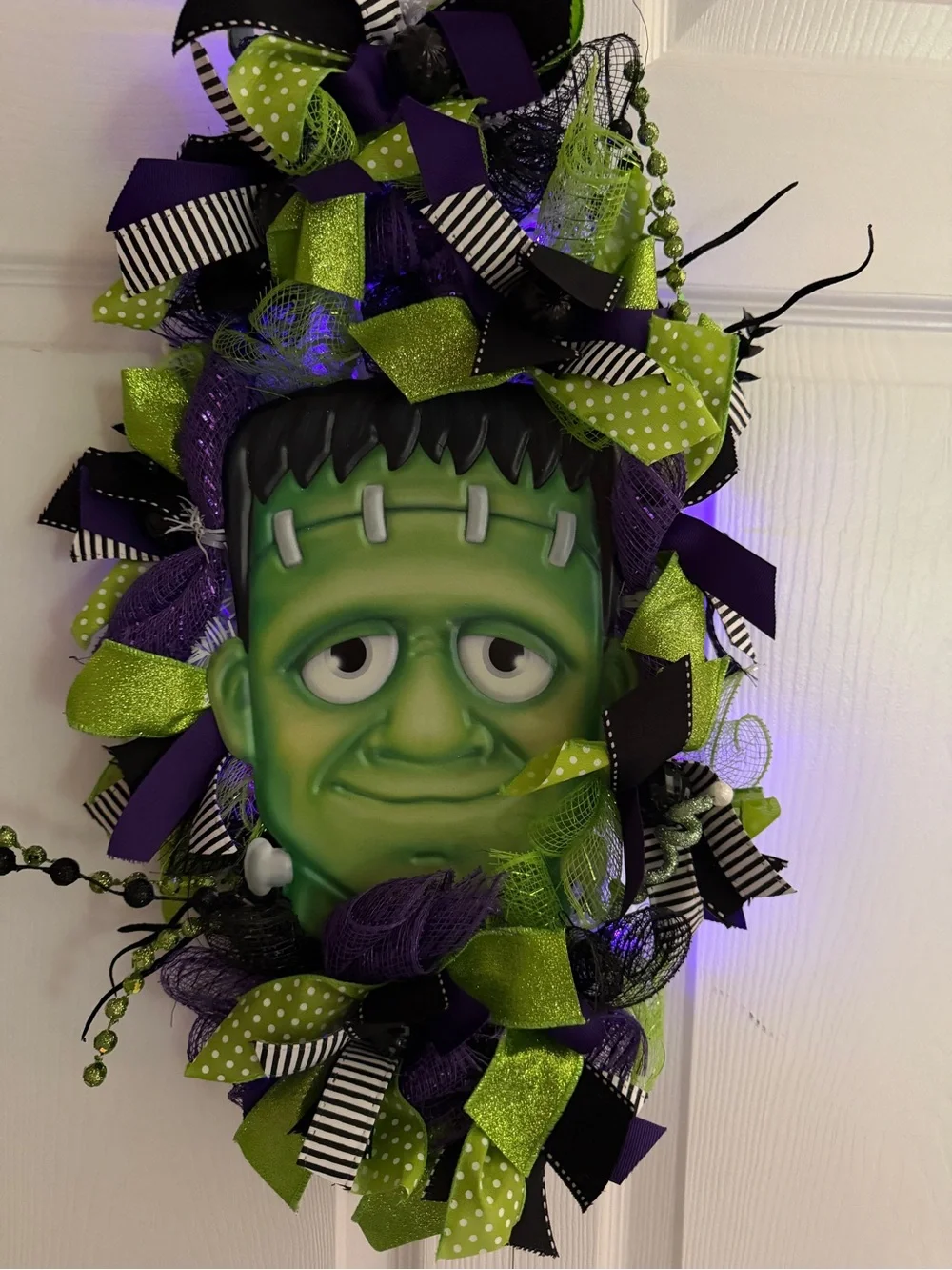 Frankenstein Halloween Door Wreath Swag Lighted Deco Mesh Purple Green Handmade